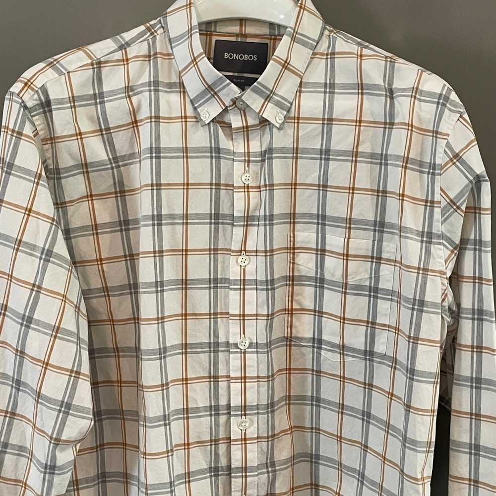 Bonobos Slim Fit Shirt Mens XL Short White Grey Orange Plaid Button Down Pocket